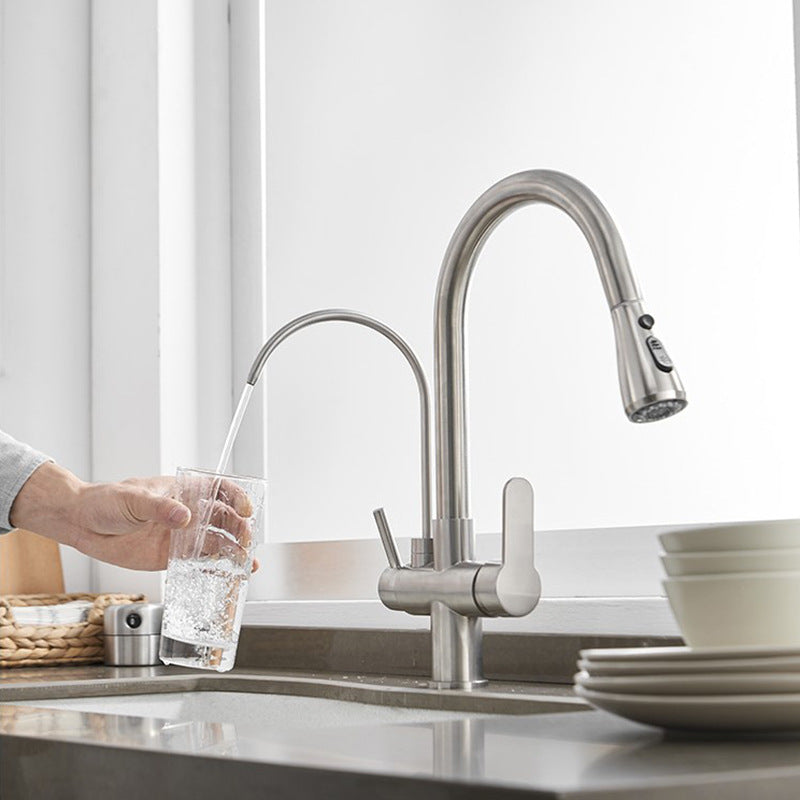 Kitchen Pull-Out Three-In-One Hot and Cold Water Faucet, Purified Water Faucet, Household Sink Kitchen Faucet
