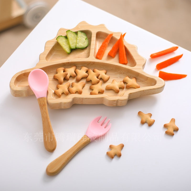 Cute Cartoon Children's Divided Dining Tray, Baby Eating Suction Cup Anti-Fall Bamboo Wooden Dining Tray, Baby Food Tableware