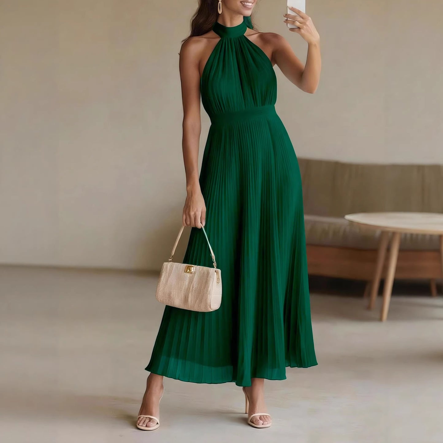 2026 Spring/Summer New Arrival Foreign Trade Beach Vacation Dress Sexy European and American Style Pleated Dress