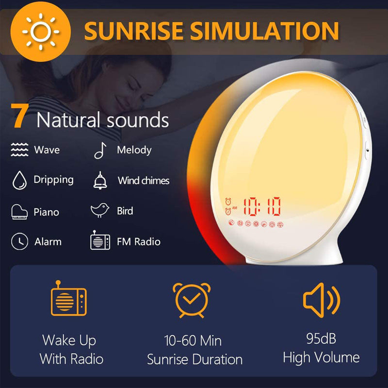 Simulate Sunrise and Sunset Natural Wake-up Light, LED Electronic Alarm Clock, Light Colorful Atmosphere Bedside Lamp, Companion Sleep Timer Light