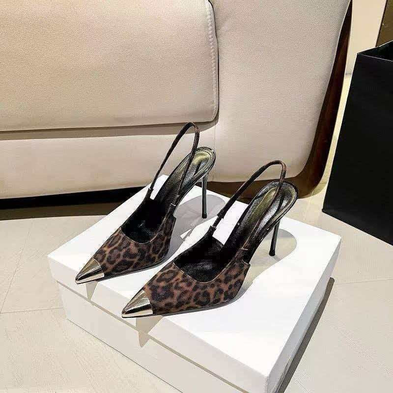 2026 Summer New Leopard Print Sexy Mature Style Pointed Toe Closed Toe Sandals Women's Metal Toe Stiletto Heels Low Mouth