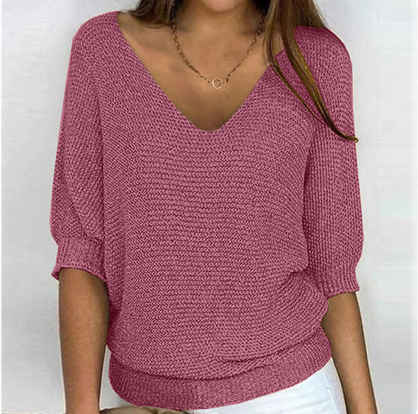 2026 New Russian Solid Color Crew Neck Knitted Top Women's Three-Quarter Sleeve Top Air Conditioning Shirt In Stock