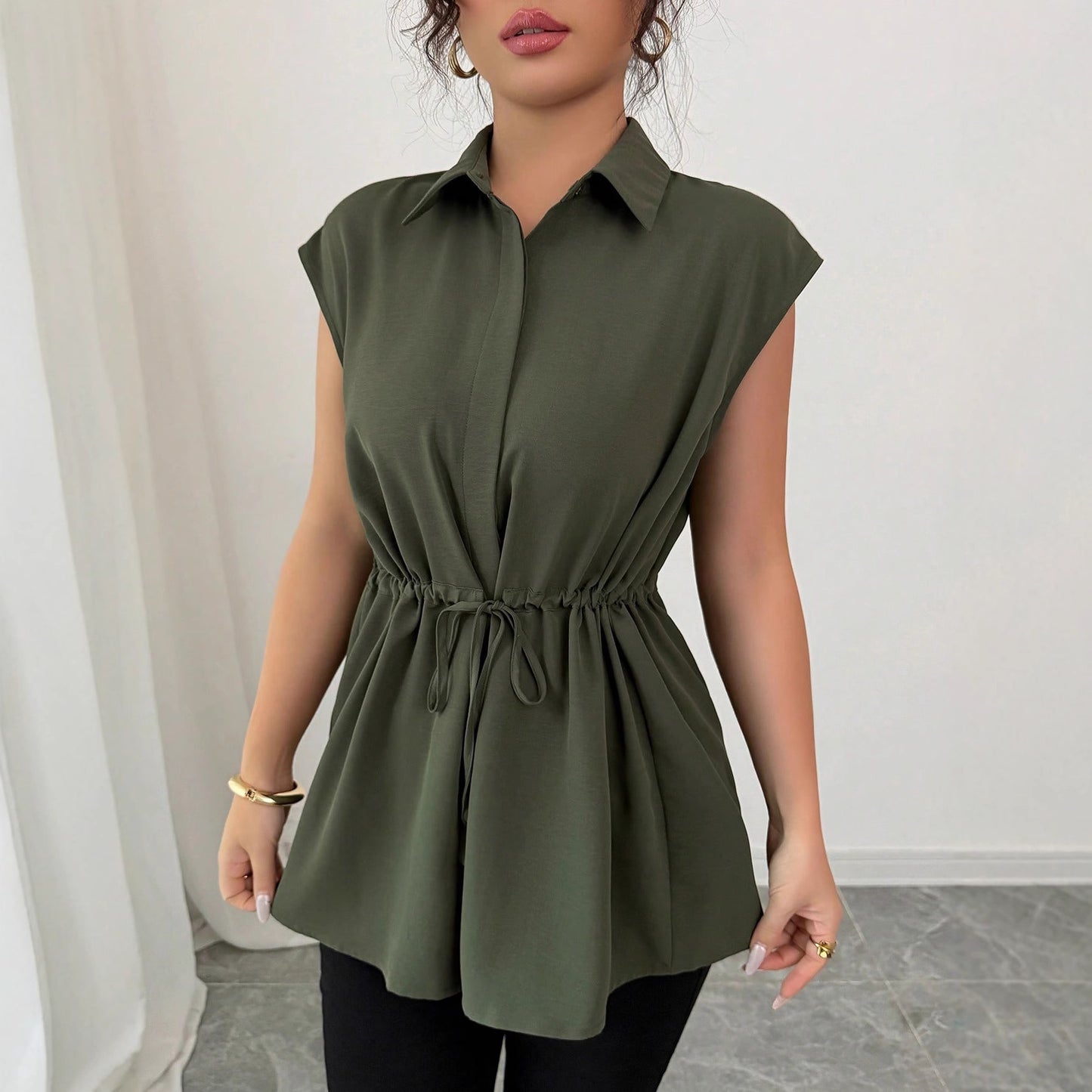 2026 Cross-border E-commerce, European and American Amazon Fashion Loose Waist Belt Single-breasted Solid Color Polo Collar Women's Short-sleeved Top