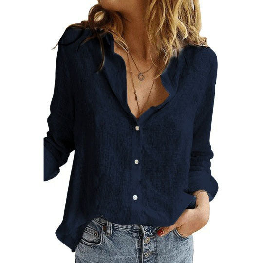 European and American Style Xiyin Amazon Best-selling Solid Color Casual Loose Long-sleeved Linen Shirt, In Stock with Sleeves, Women's Clothing