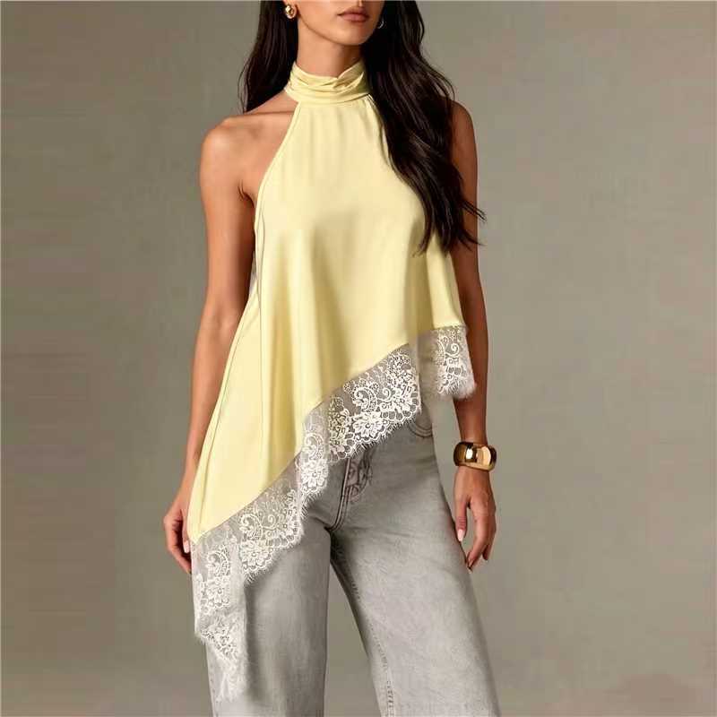New Cross-Border Women's Sleeveless Lace Trim Asymmetrical Halter Neck Satin Vest in 15 Colors