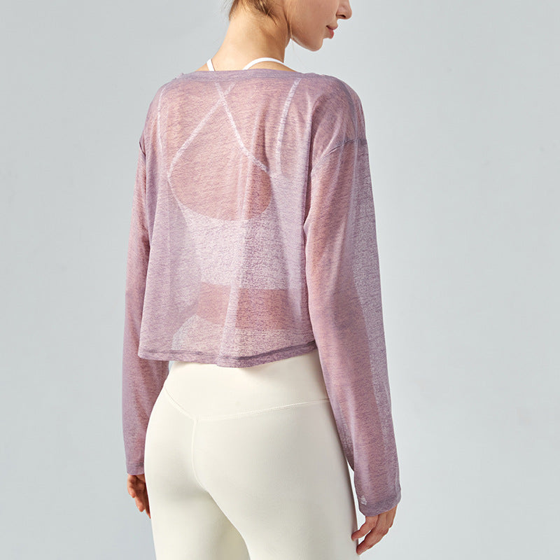 Yoga Blouse Women's Loose Fitness Top Light Jacket Light and Breathable Mesh Yarn Round Neck Spring and Summer Long-sleeved Yoga Clothing