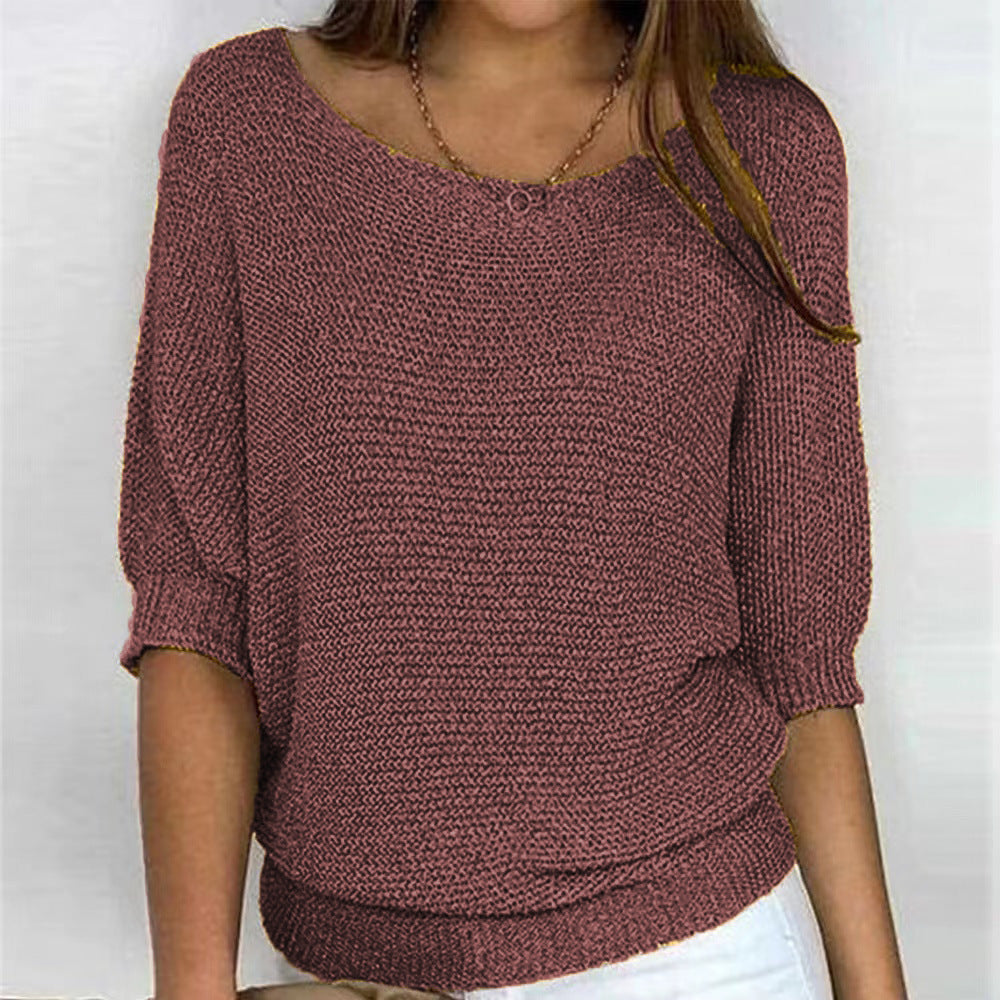 2026 New Russian Solid Color Crew Neck Knitted Top Women's Three-Quarter Sleeve Top Air Conditioning Shirt In Stock