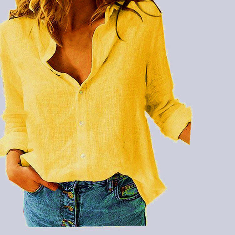 European and American Style Xiyin Amazon Best-selling Solid Color Casual Loose Long-sleeved Linen Shirt, In Stock with Sleeves, Women's Clothing