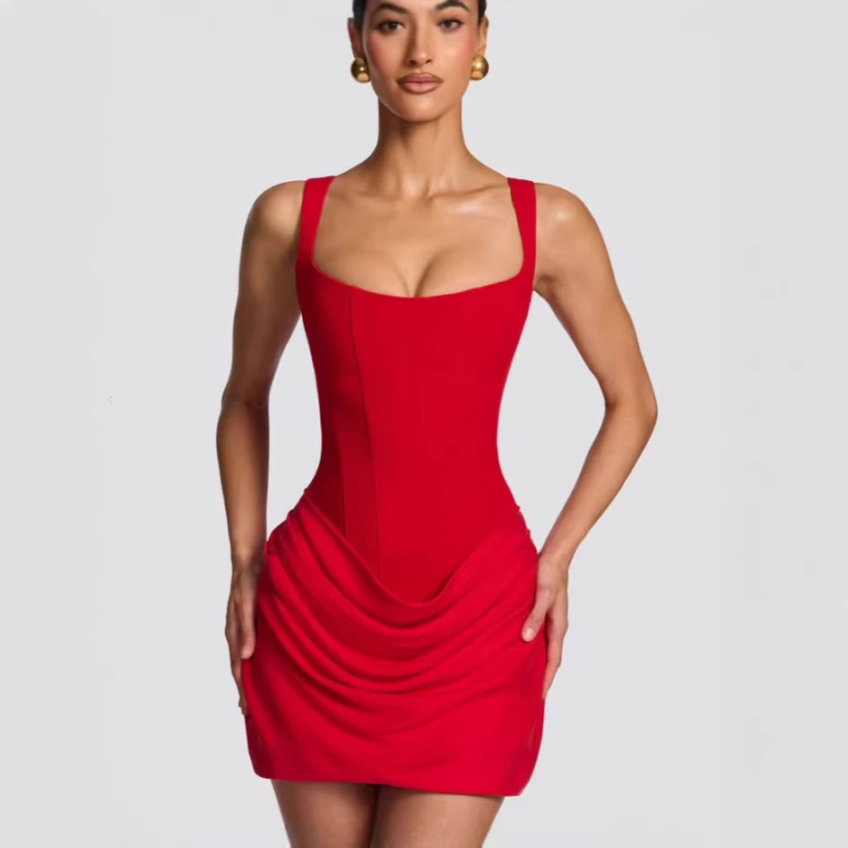 2026 New Arrival: French-Style Sexy Square Neck Sleeveless Bodycon Short Dress with Tie-Waist