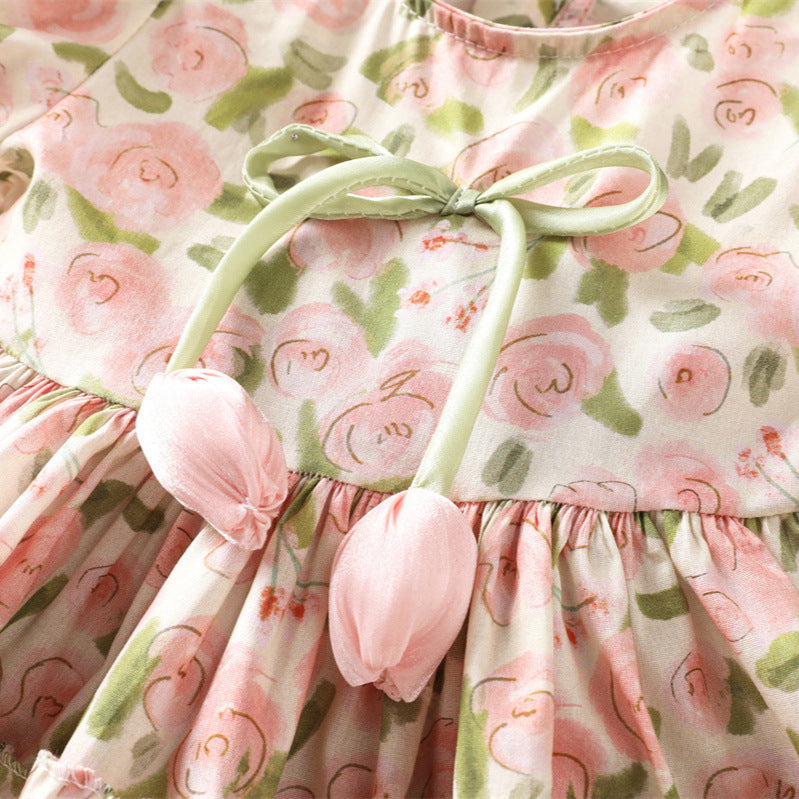 2026 New Summer Girls' Dress, Round Neck, Short Sleeve, Cotton Princess Dress, Tulip Design on Chest, Children's Clothing