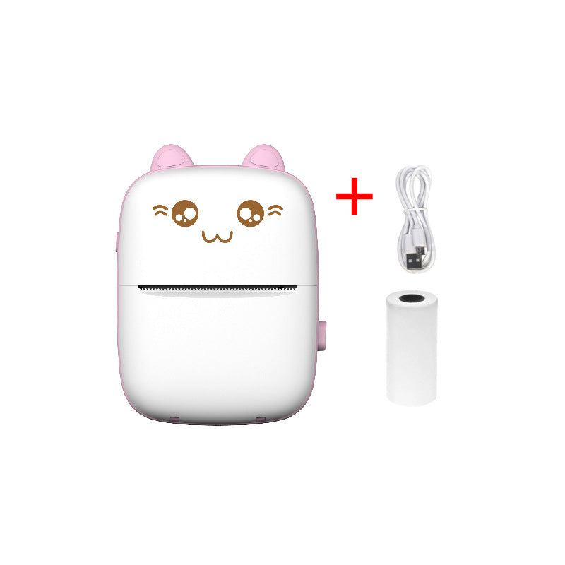 White electronic Inkless Mini Printer with cartoon face and pink ears, including a cable and additional component on a white background.