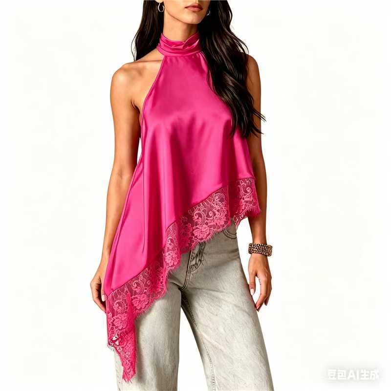 New Cross-Border Women's Sleeveless Lace Trim Asymmetrical Halter Neck Satin Vest in 15 Colors
