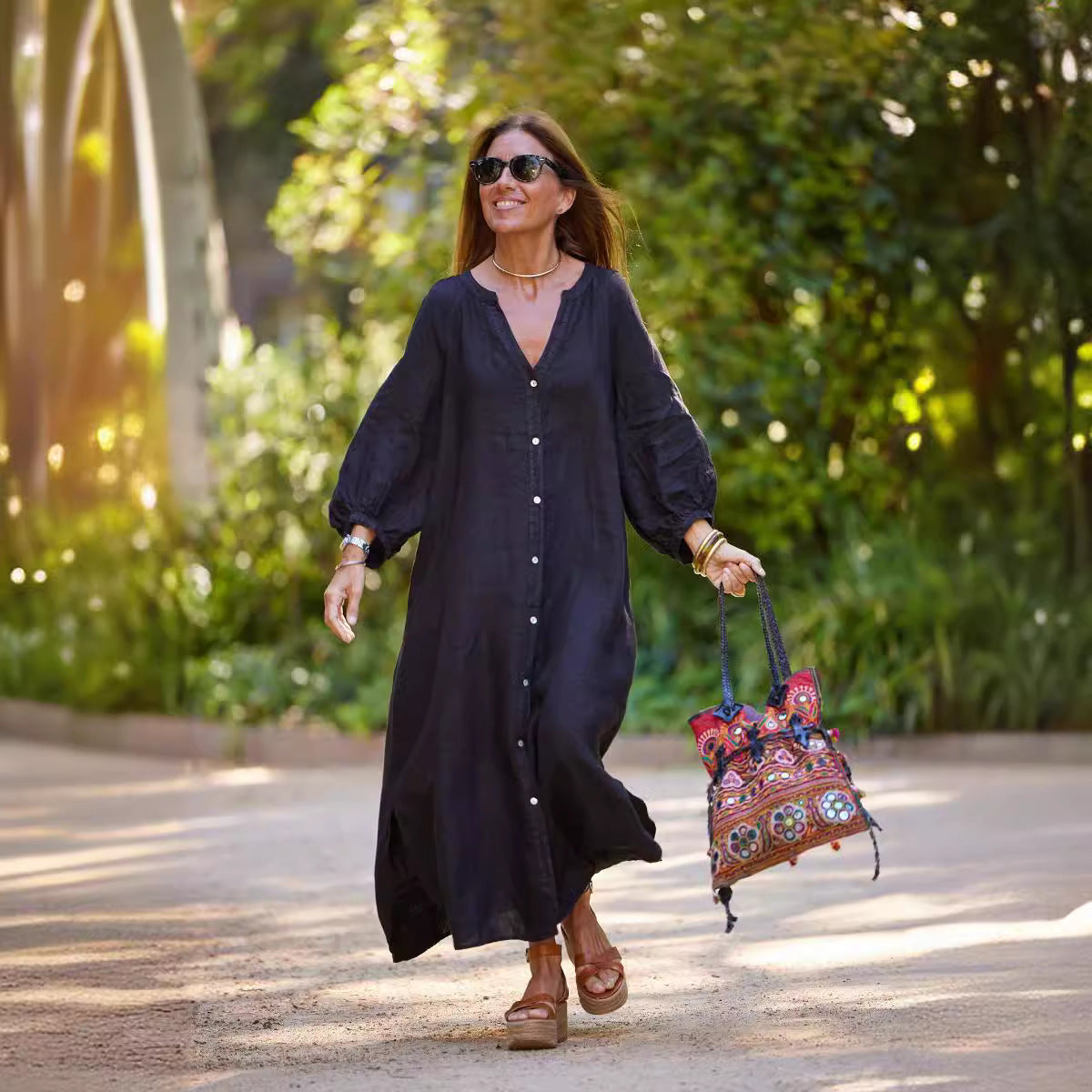 2026 New Spring/Summer Cotton Linen Shirt, Fashionable Casual Long-Sleeved Cardigan Dress for Women