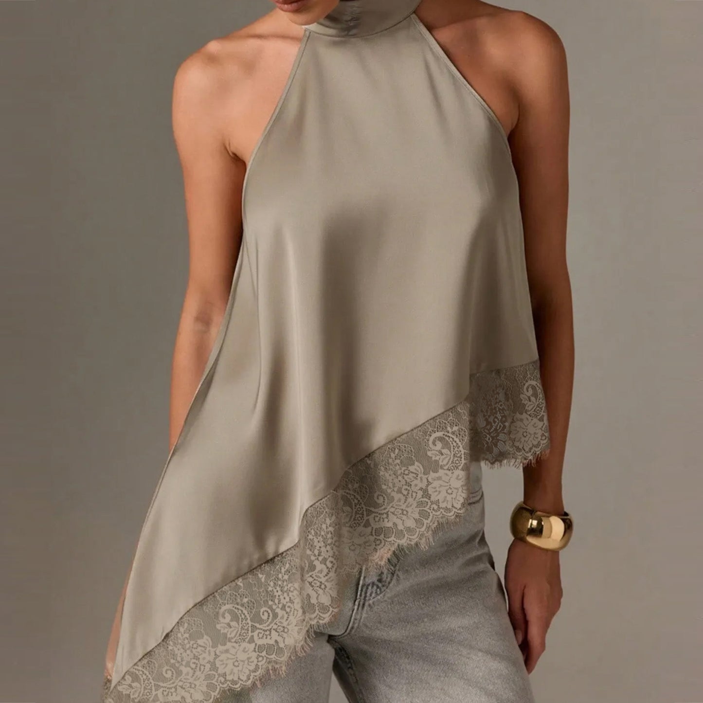 New Cross-Border Women's Sleeveless Lace Trim Asymmetrical Halter Neck Satin Vest in 15 Colors