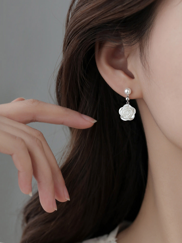 925 Silver Needle Camellia Earrings Women New Earrings Light Luxury Niche Design Earrings Summer