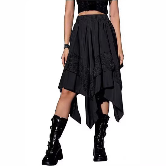 2026 European and American style large skirt Halloween literary retro patchwork lace midi skirt irregular women's skirt