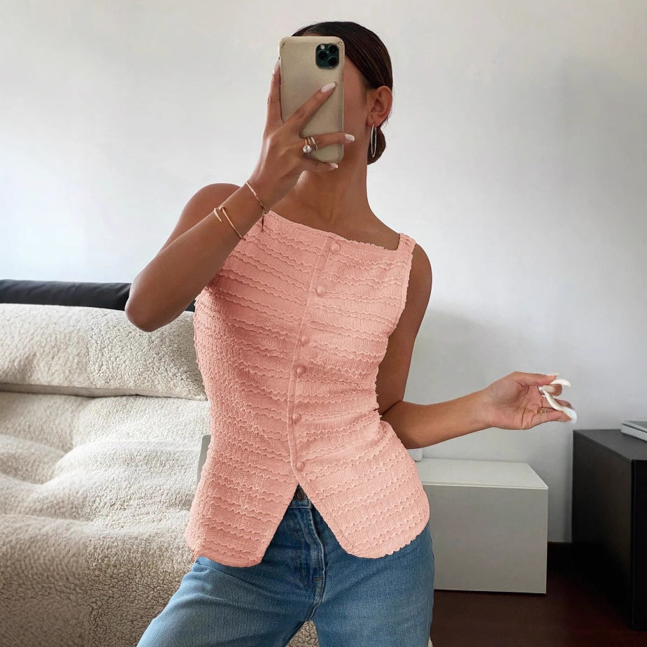 2026 Cross-border Elegant Single-breasted Round Neck Sleeveless Slim Fit Vest for Women (Solid Color)