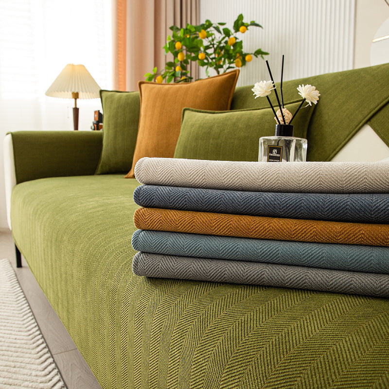 Universal Sofa Cushion for All Seasons, Simple Solid Color Fabric Sofa Cushion Cover, Chenille Herringbone Pattern Anti-slip Sofa Towel