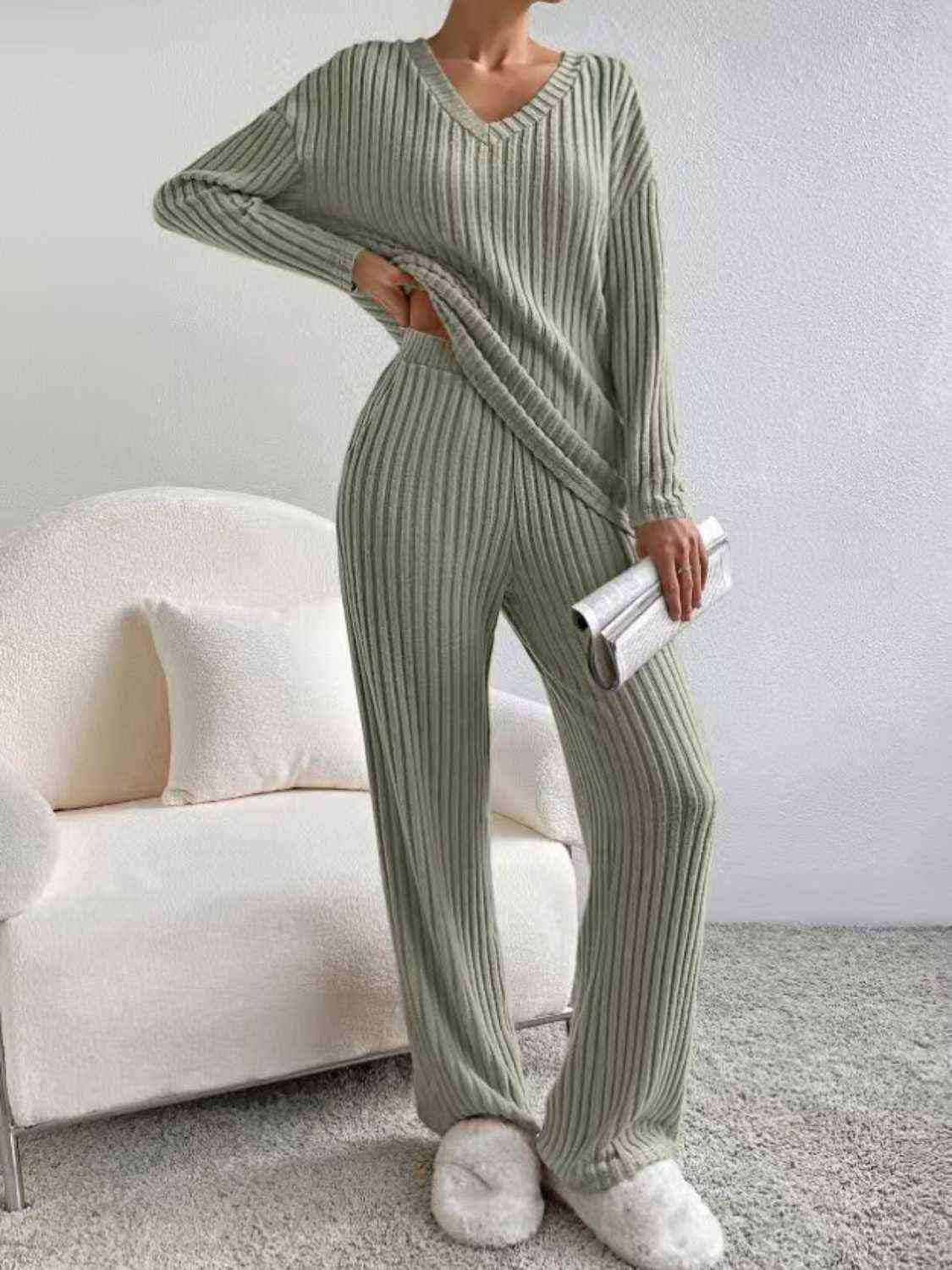 2025 Autumn Cross-Border New Style Home Fashion Casual Straight Leg Pants Elegant Loose V-Neck Ribbed Two-Piece Set