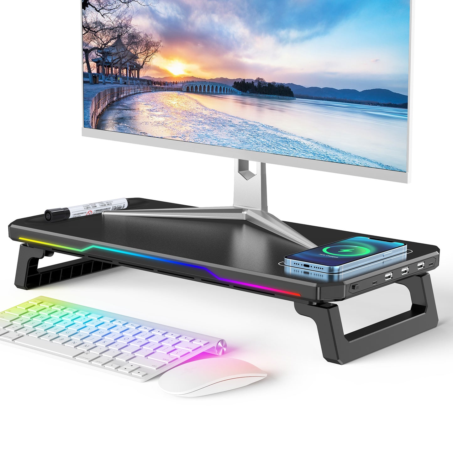 Cross-border Wireless Fast Charging RGB illuminated Computer Stand with HUB, Multi-functional Ergonomic Plastic Display Riser