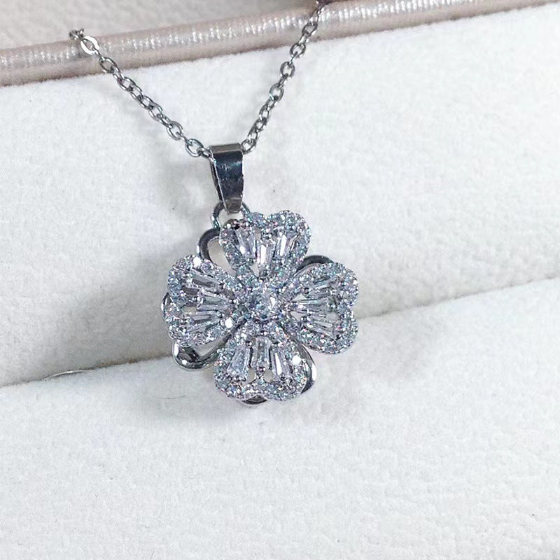 Internet celebrity's same style Shilairun rotatable four-leaf clover pendant 925 silver needle earrings ring rotating necklace set