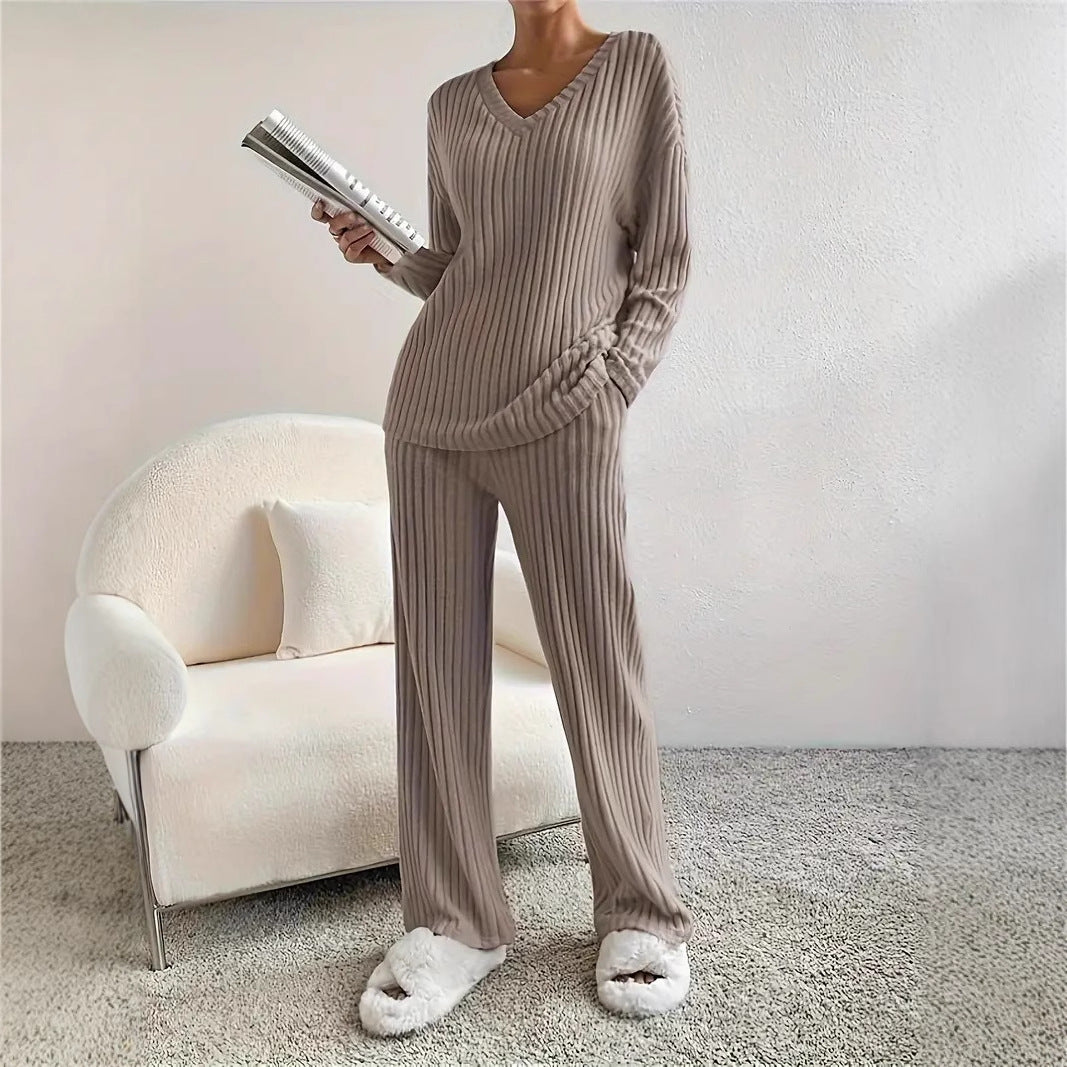 2025 Autumn Cross-Border New Style Home Fashion Casual Straight Leg Pants Elegant Loose V-Neck Ribbed Two-Piece Set