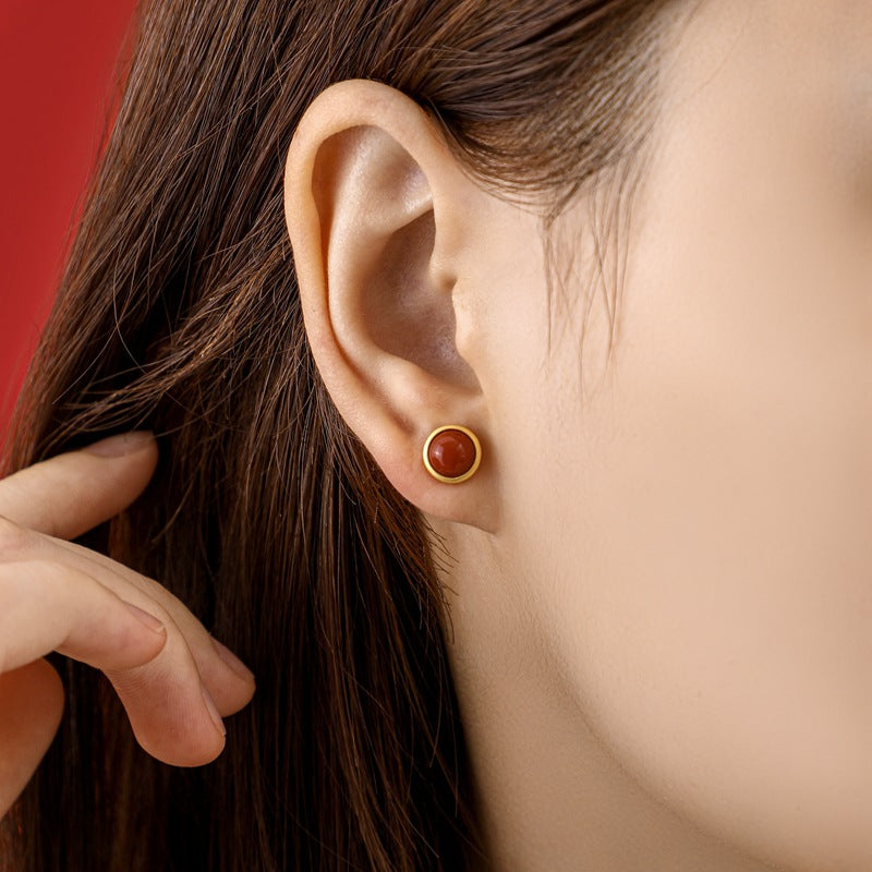 S925 sterling silver gold-plated inlaid south red agate earrings round simple egg surface simple fashion temperament ladies earrings