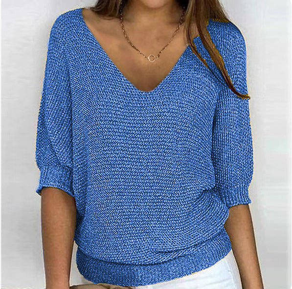 2026 New Russian Solid Color Crew Neck Knitted Top Women's Three-Quarter Sleeve Top Air Conditioning Shirt In Stock