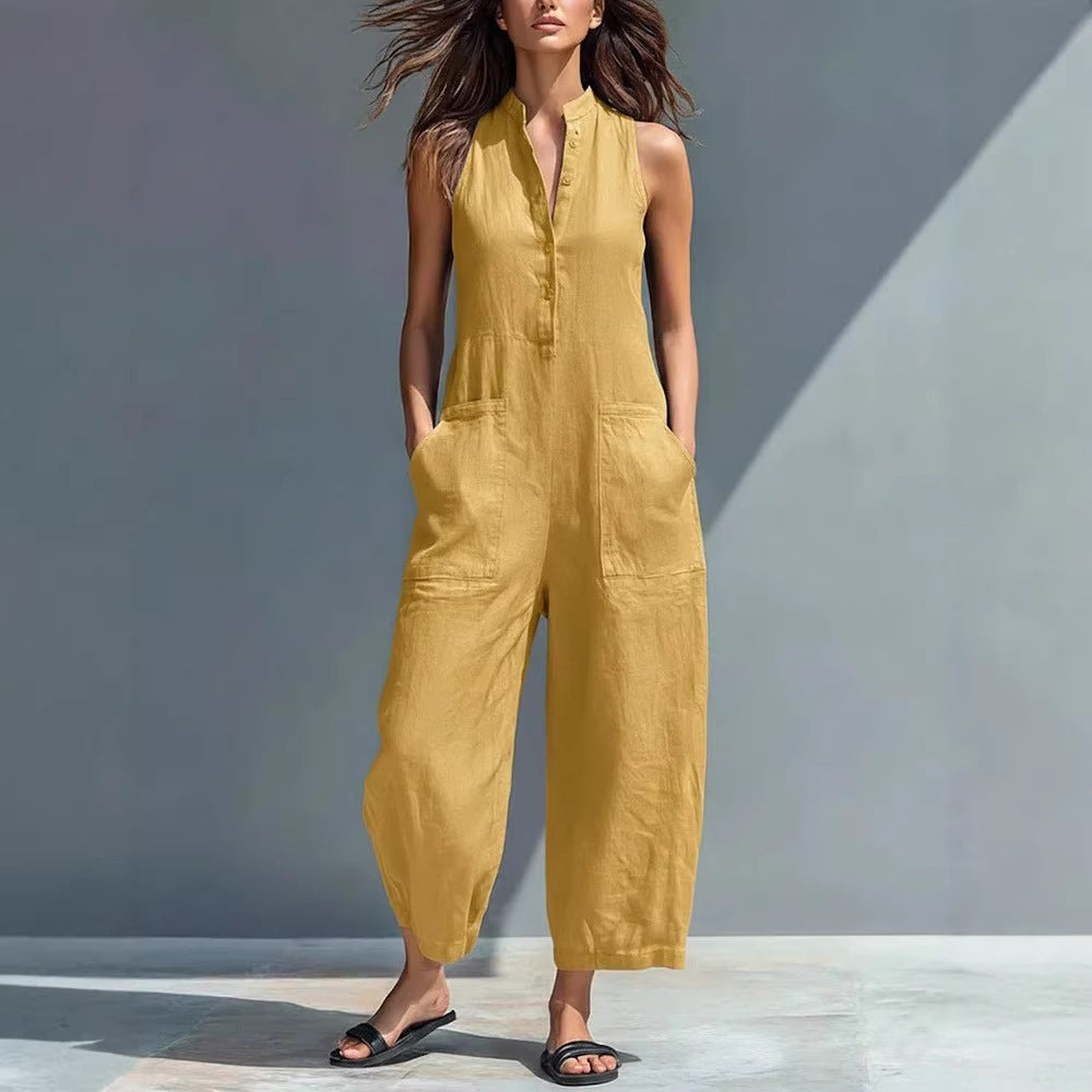 2026 Casual Women's Sleeveless Stand Collar Pocket Jumpsuit
