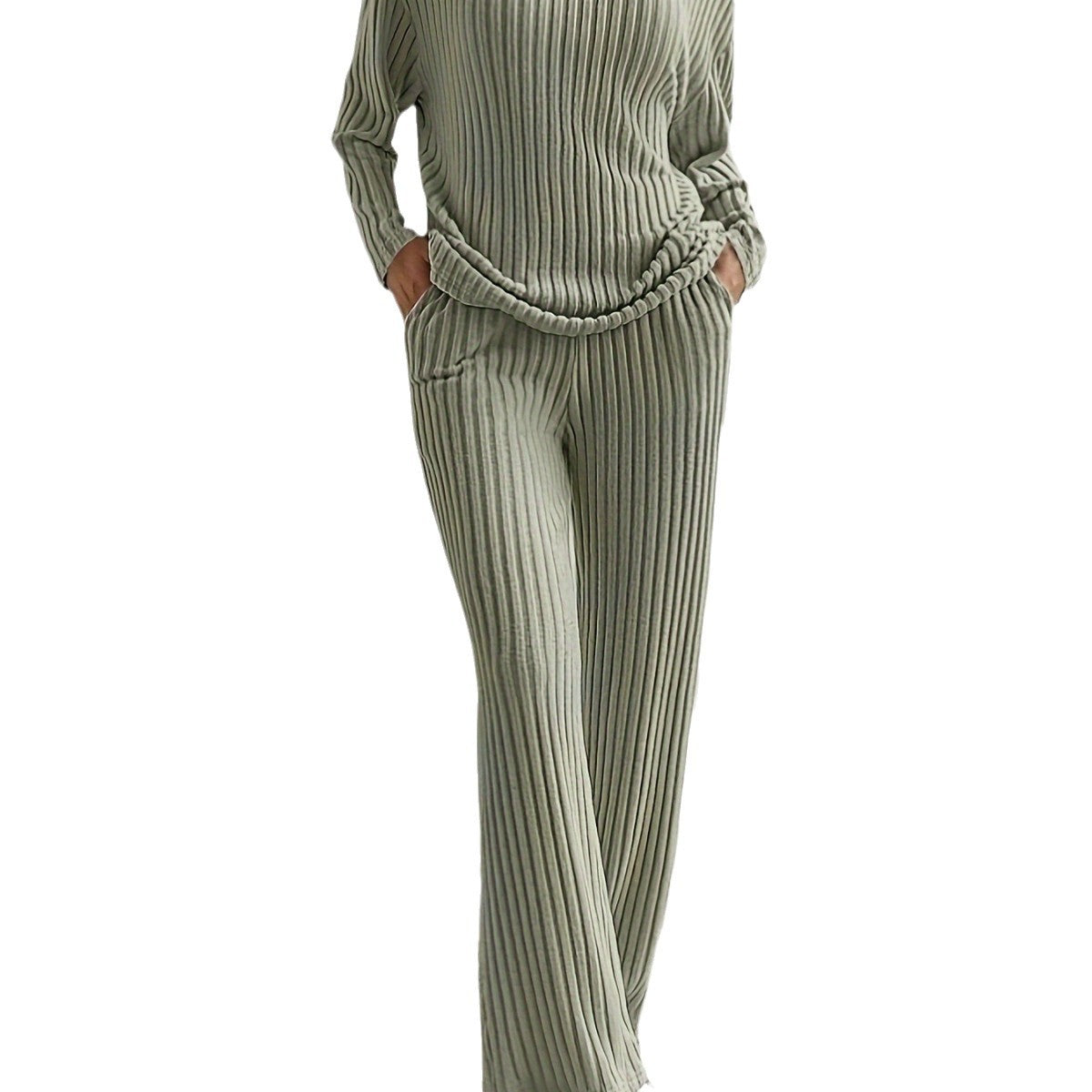 2025 Autumn Cross-Border New Style Home Fashion Casual Straight Leg Pants Elegant Loose V-Neck Ribbed Two-Piece Set