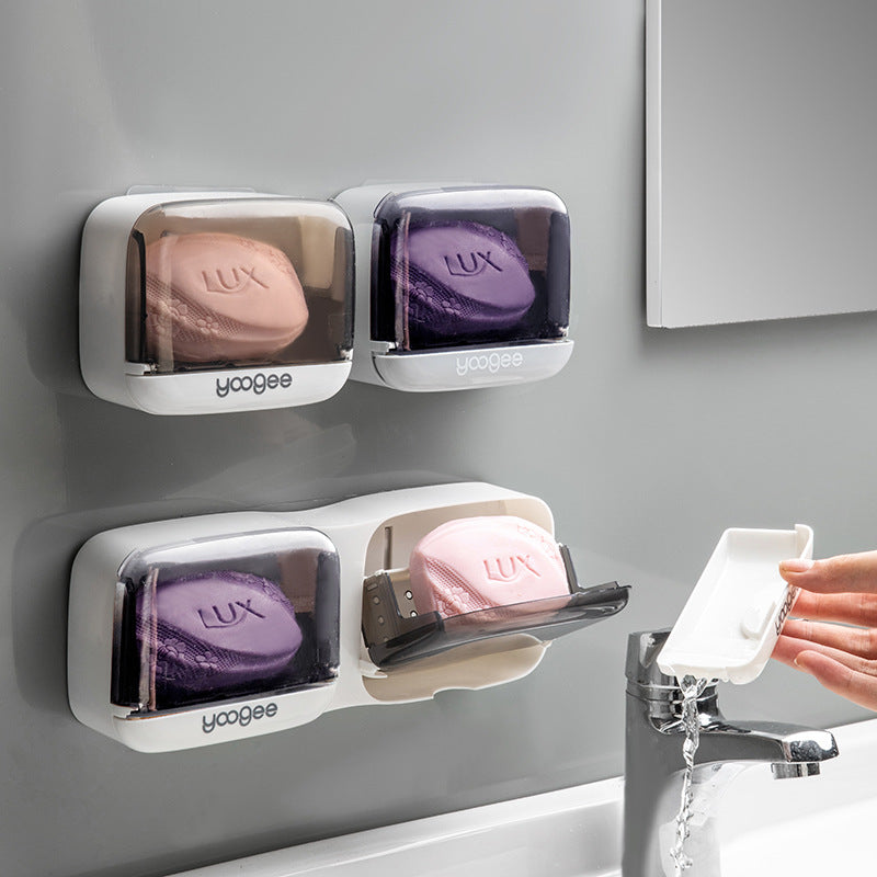 Soap Box Drain Toilet No Punching Shelf Wall-mounted Soap Box with Cover Dustproof Creative Flip Soap Box