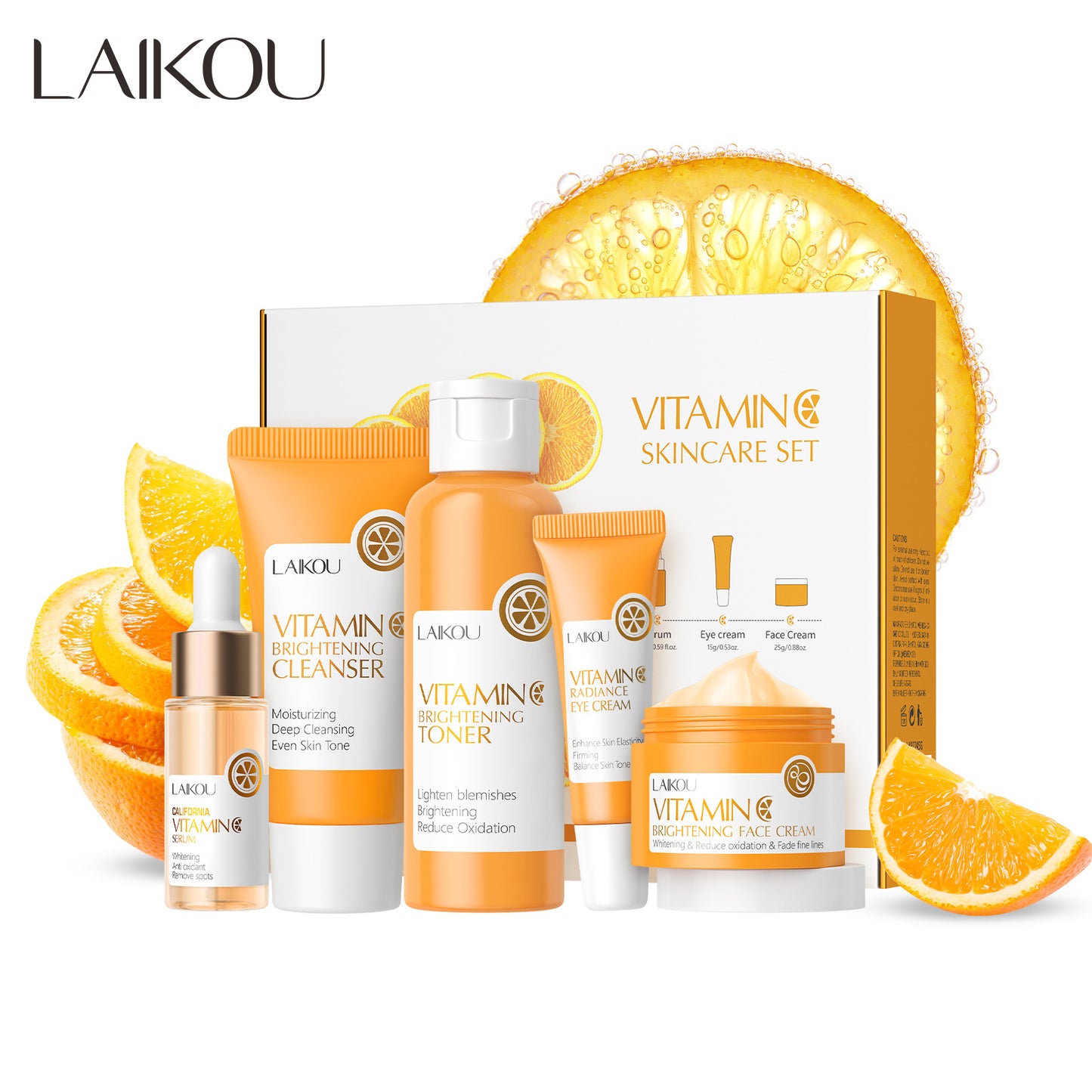 Cross-border LAIKOU Vitamin C Series Skin Care Products set 5-Piece, Cleanser, Toner, Essence, Eye Cream, Essence Cream