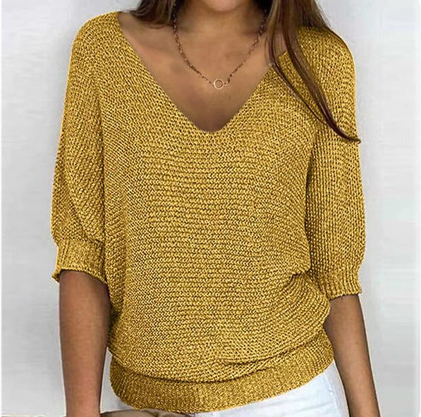 2026 New Russian Solid Color Crew Neck Knitted Top Women's Three-Quarter Sleeve Top Air Conditioning Shirt In Stock