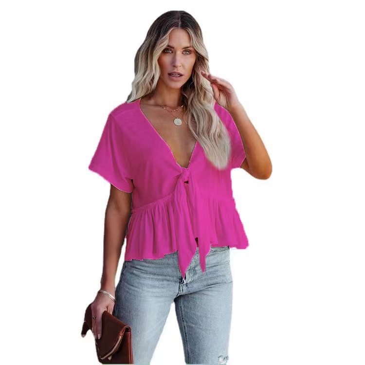 2026 Summer New Arrival European and American Cross-border Women's Clothing Solid Color Patchwork Loose Short-sleeved Tie-up Ruffle Top