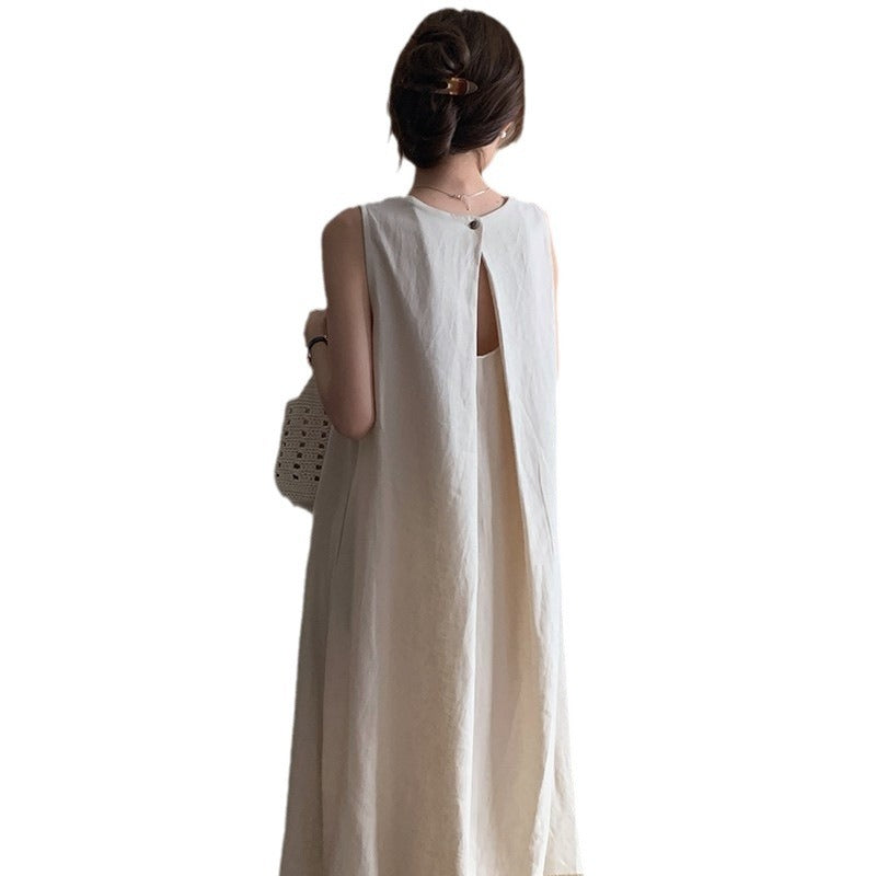 French-style sleeveless vest dress for women, new summer 2026 style, high-end backless loose apricot long dress