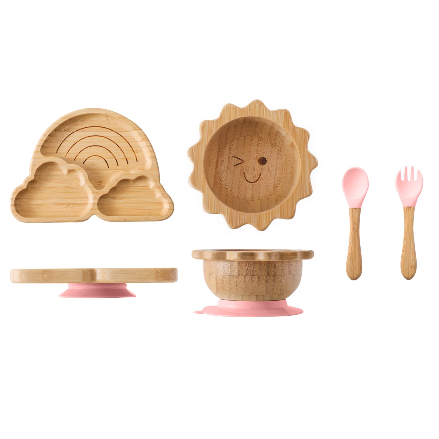 Cute Cartoon Children's Divided Dining Tray, Baby Eating Suction Cup Anti-Fall Bamboo Wooden Dining Tray, Baby Food Tableware