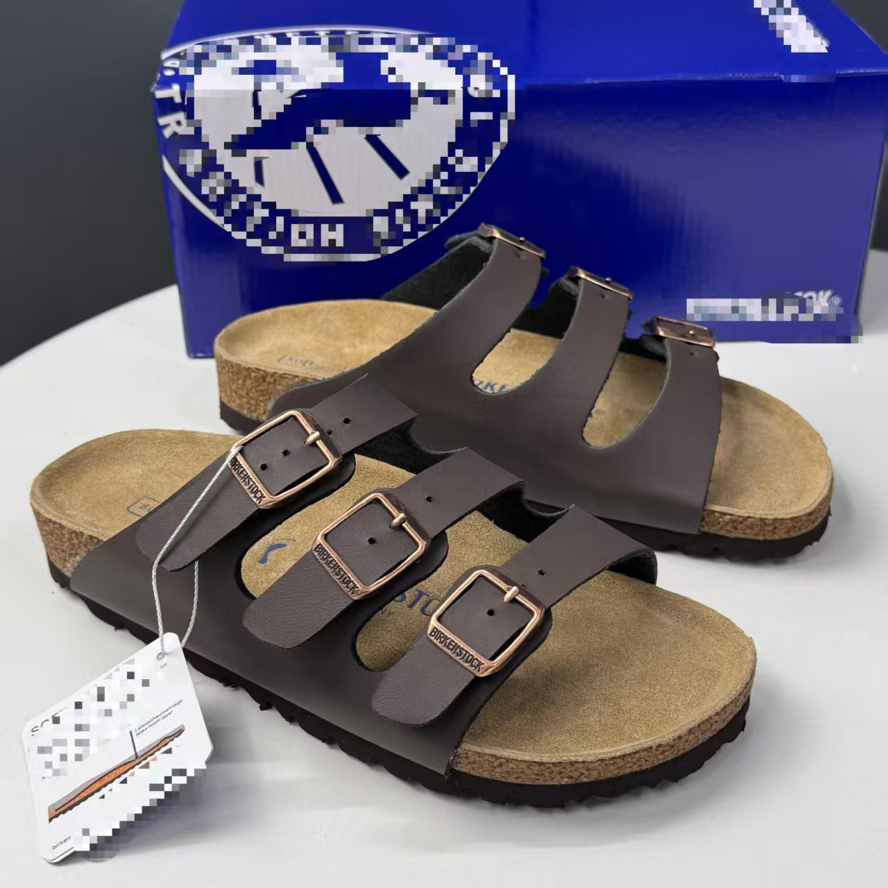 2026 New Genuine Leather Retro Style Birkenstock Shoes Women's Open-Toe Slingback Sandals with Three Rows of Square Buckles and Thick Sole Casual Sandals
