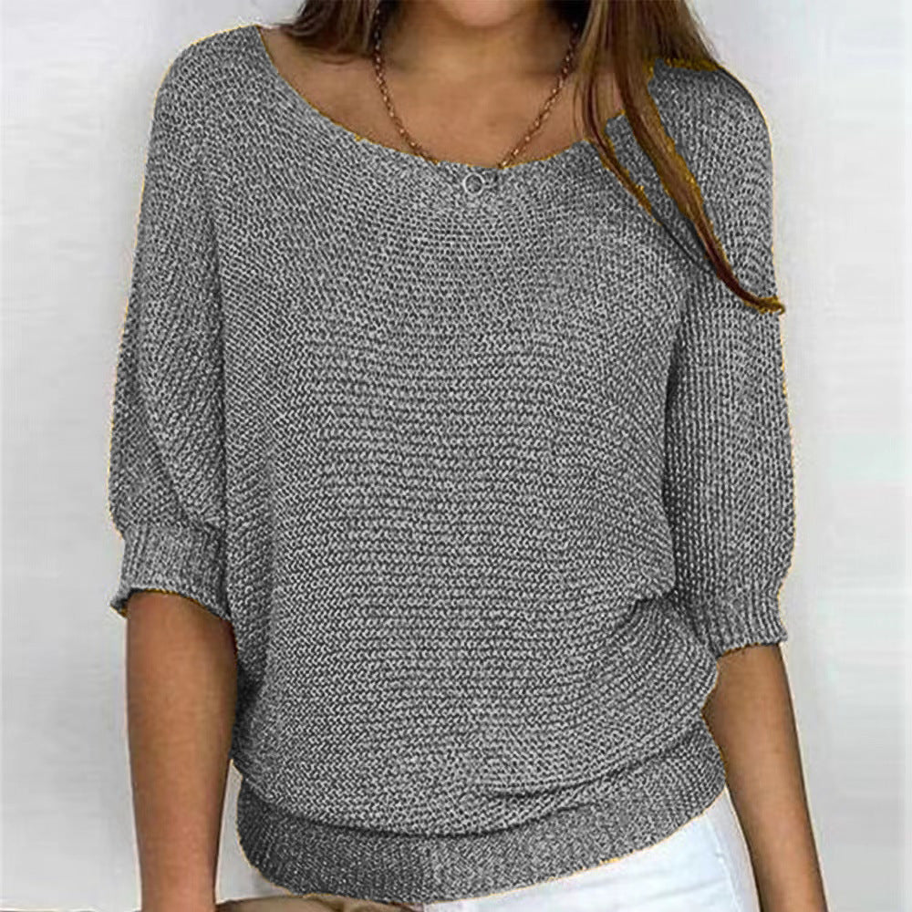 2026 New Russian Solid Color Crew Neck Knitted Top Women's Three-Quarter Sleeve Top Air Conditioning Shirt In Stock