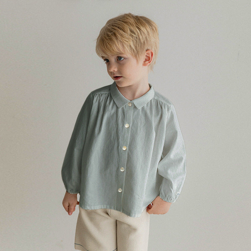 Spring/Summer Baby Clothing Tops, Cotton Linen Single-Breasted Shirts, College Style, Mori Girl Style, Cute Lapel Long-Sleeved Children's Shirts