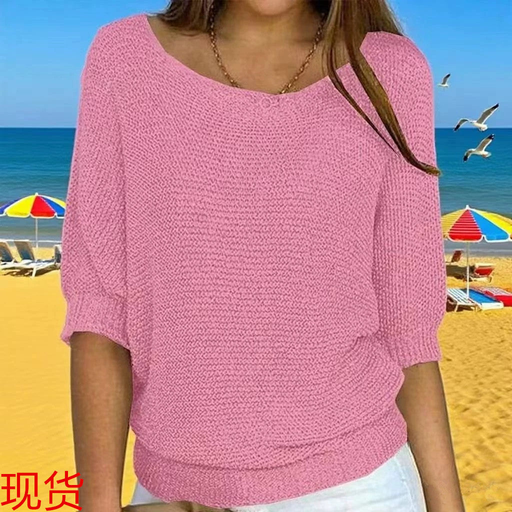 2026 New Russian Solid Color Crew Neck Knitted Top Women's Three-Quarter Sleeve Top Air Conditioning Shirt In Stock