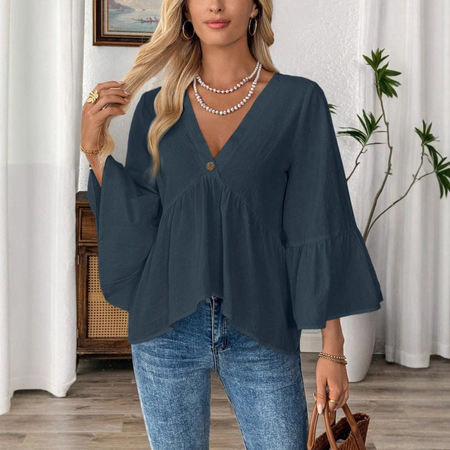 2026 European and American cross-border women's clothing, spring/summer new style, solid color V-neck ruffle sleeve cotton top for women.