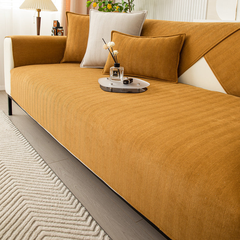 Universal Sofa Cushion for All Seasons, Simple Solid Color Fabric Sofa Cushion Cover, Chenille Herringbone Pattern Anti-slip Sofa Towel