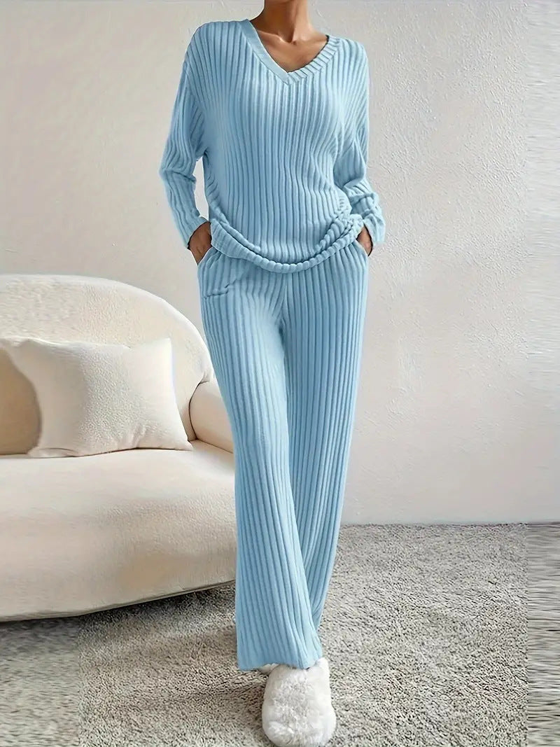 2025 Autumn Cross-Border New Style Home Fashion Casual Straight Leg Pants Elegant Loose V-Neck Ribbed Two-Piece Set