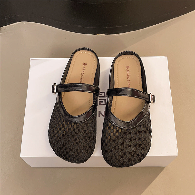 Korean version of mesh hollow single shoes for women summer new style fairy style temperament shallow mouth flat sandals fishing net shoes