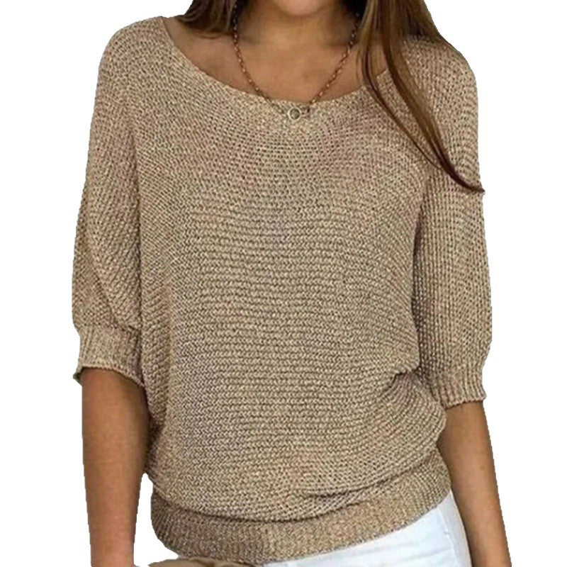 2026 New Russian Solid Color Crew Neck Knitted Top Women's Three-Quarter Sleeve Top Air Conditioning Shirt In Stock