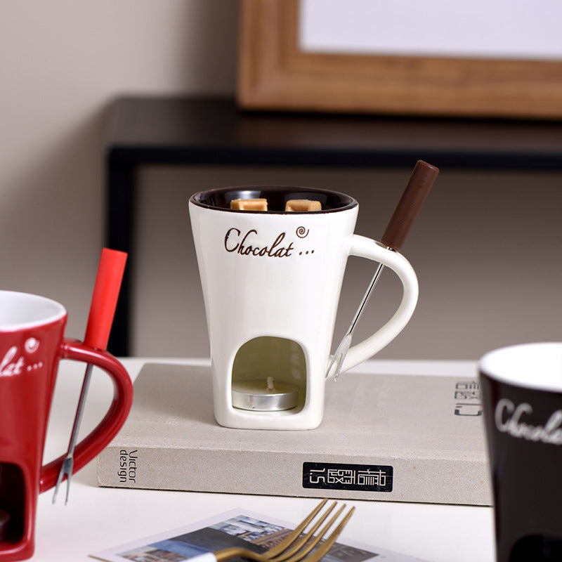 Ceramic Chocolate Cup, Hot Pot Steamer Swiss Ice Cream Hot Pot Cup, Cheese Hot Pot Cup with Fork
