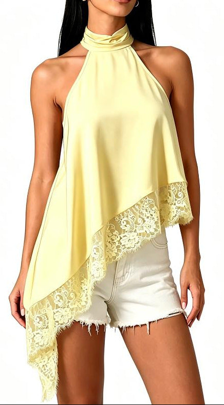 New Cross-Border Women's Sleeveless Lace Trim Asymmetrical Halter Neck Satin Vest in 15 Colors