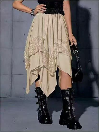 2026 European and American style large skirt Halloween literary retro patchwork lace midi skirt irregular women's skirt