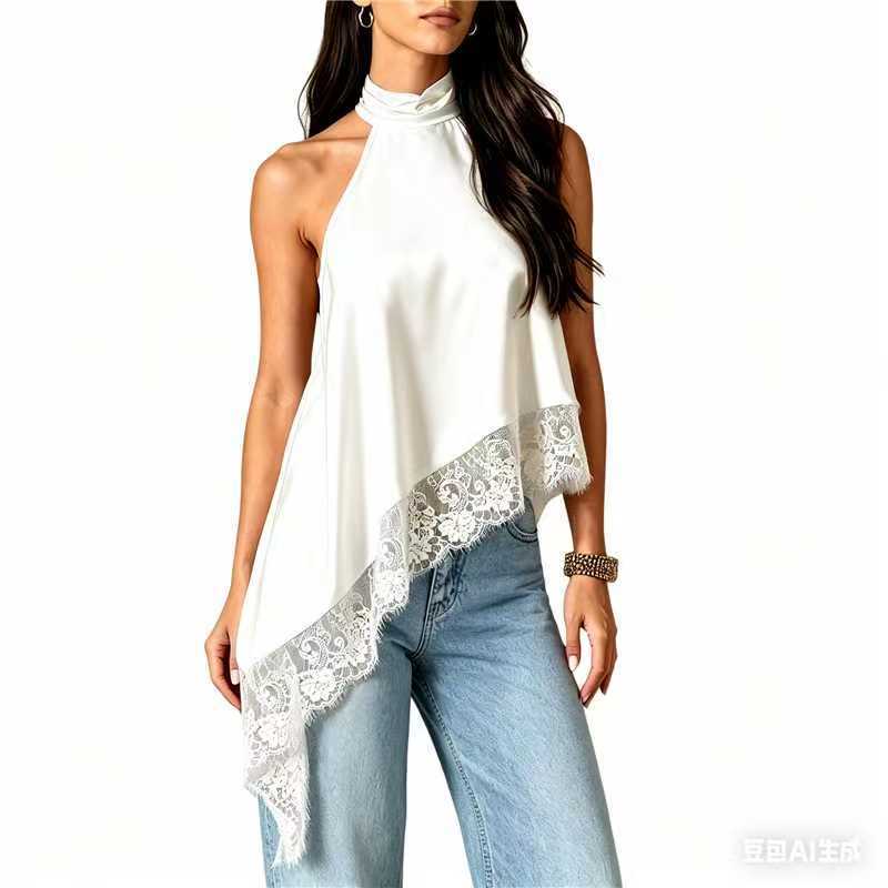 New Cross-Border Women's Sleeveless Lace Trim Asymmetrical Halter Neck Satin Vest in 15 Colors