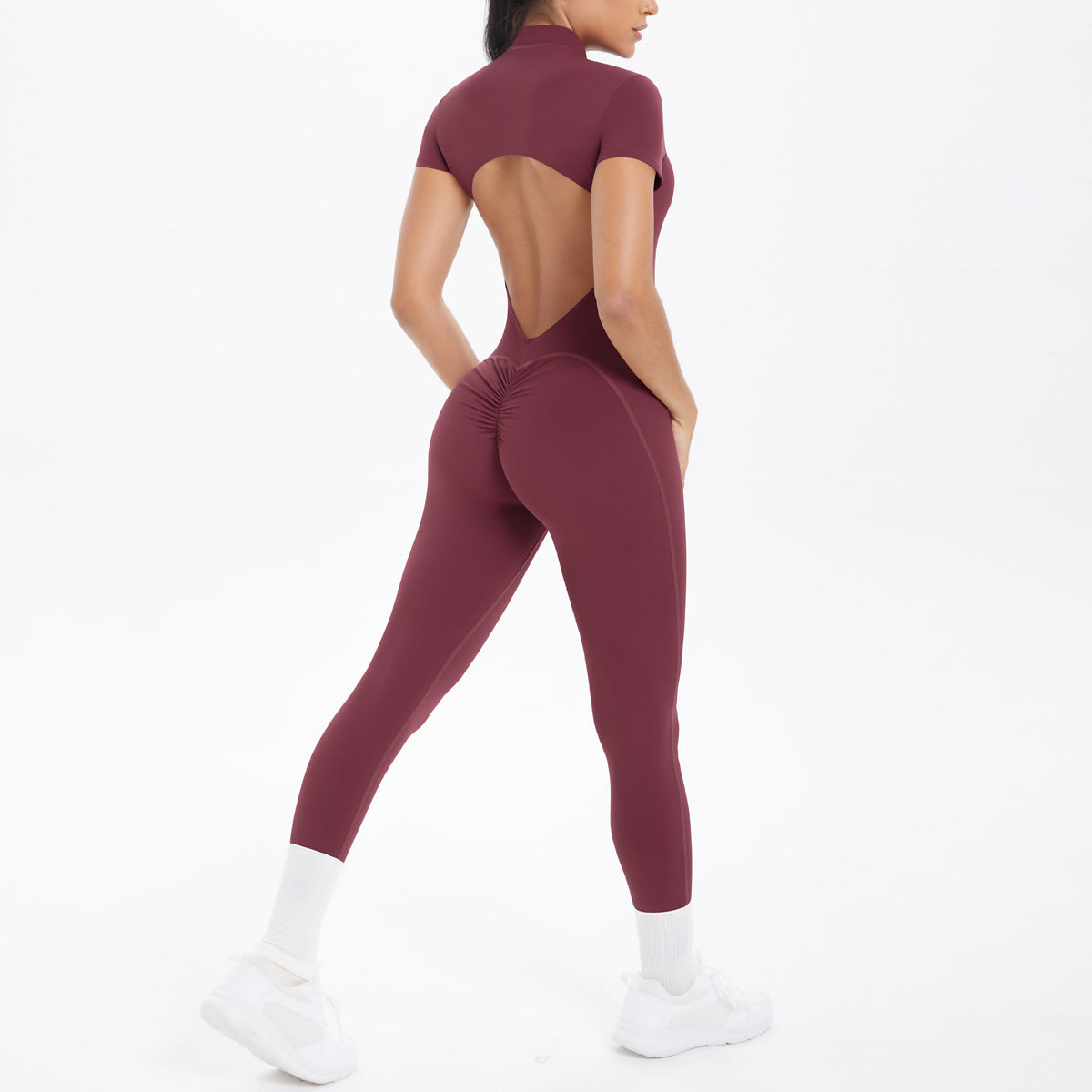 New Cross-border European and American Style Tight-fitting Backless Hollowed-out Short-sleeved Long Pants Bodysuit for Sports Running Fitness Yoga
